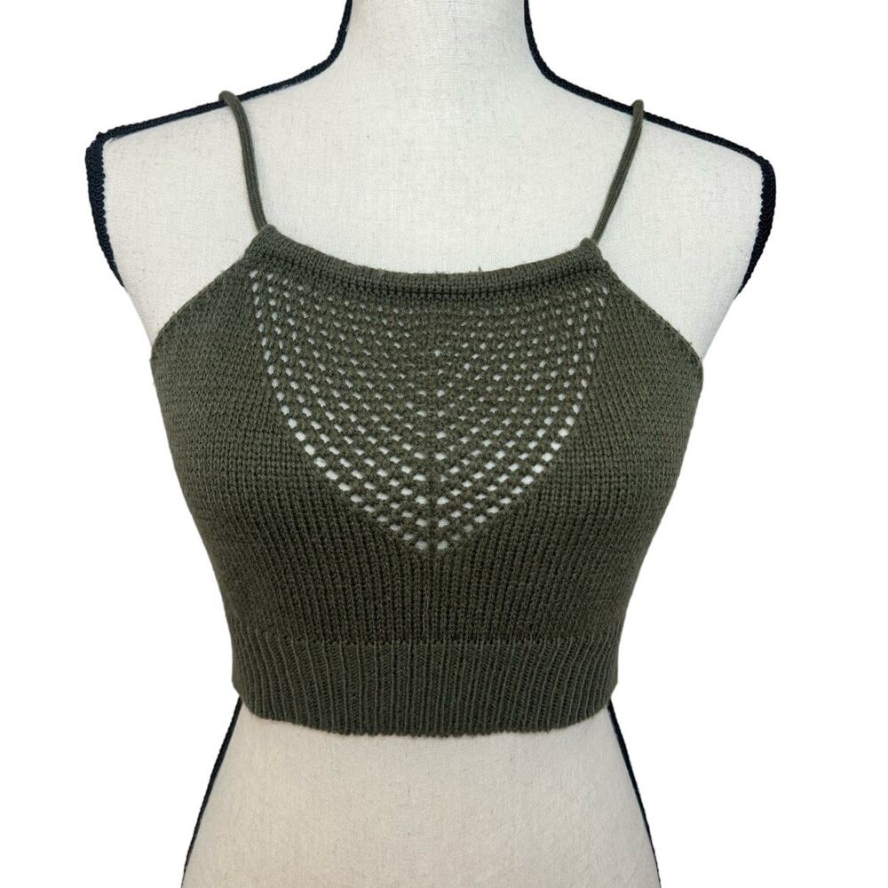 Hand Knit Women's Crop‎ Top Tank Green S/M Soft Stretch Unbranded